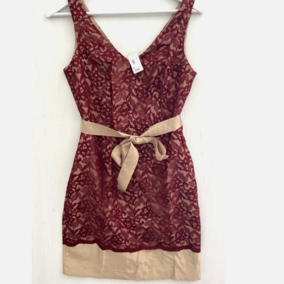 THE LIMITED Gold & Burgundy Lace Overlay Sleeveless Sheath Dress Tie Belt 4 NWT - Picture 2 of 6